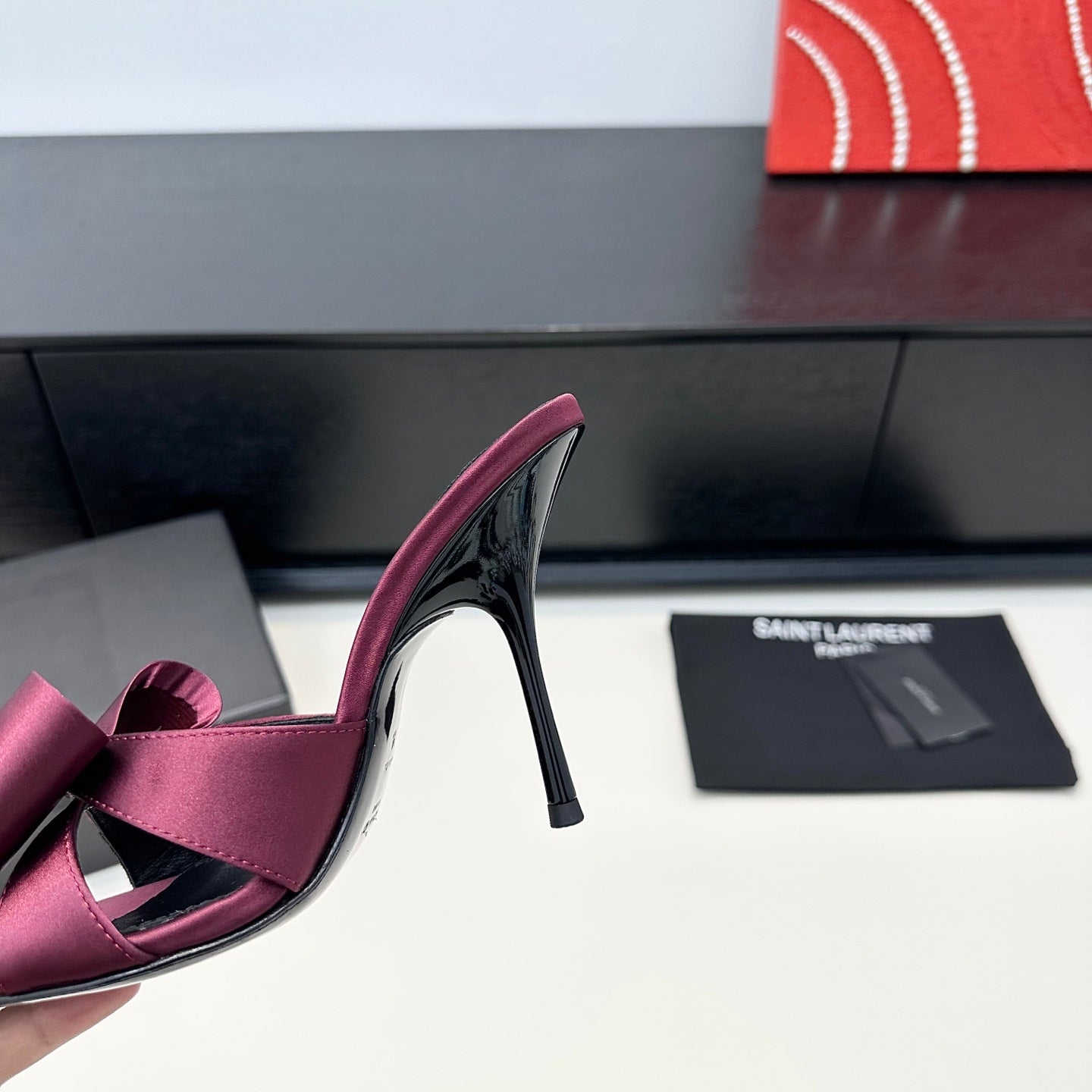 YSL 26S HEELED SANDALS 105 MM IN DARK RED SATIN