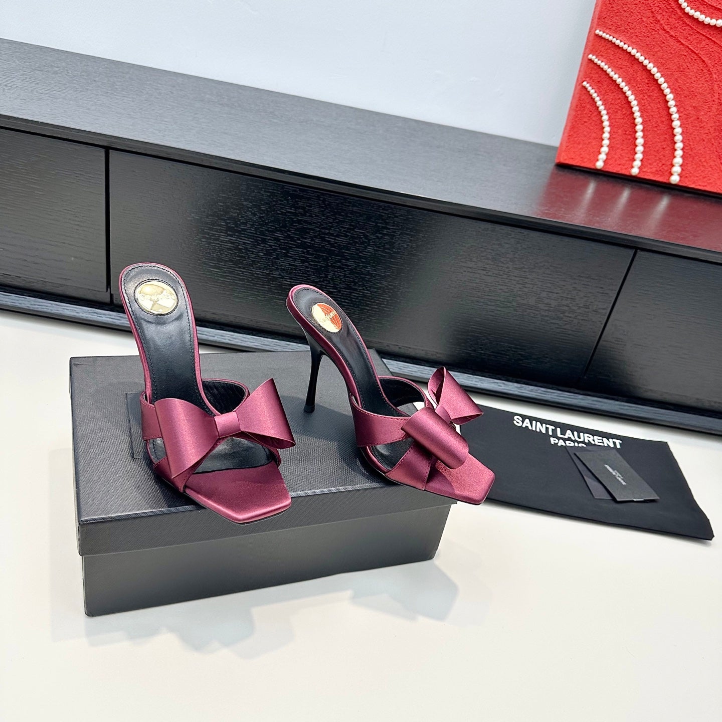 YSL 26S HEELED SANDALS 105 MM IN DARK RED SATIN
