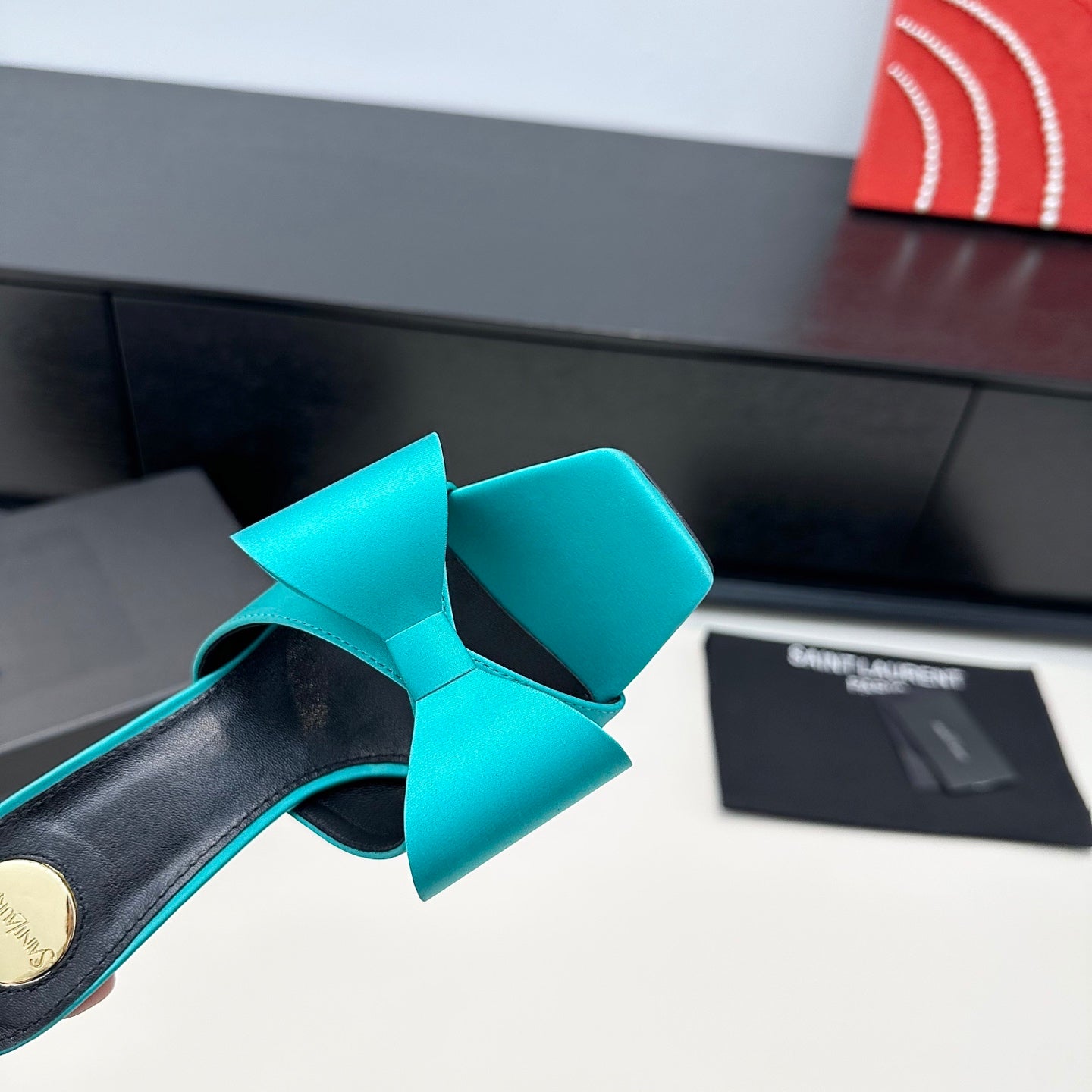 YSL 26S HEELED SANDALS 105 MM IN TIFFANY BLUE SATIN