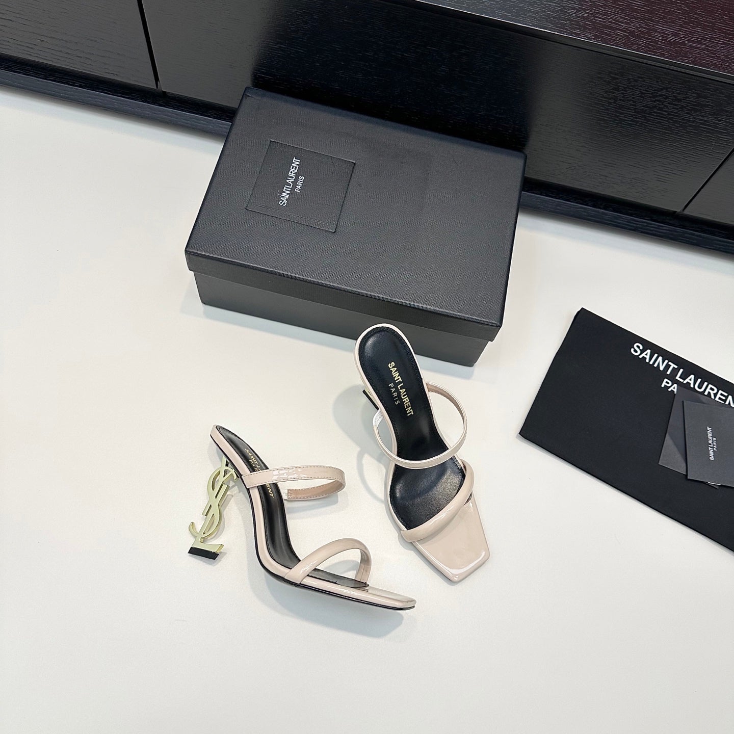 YSL 26S DOUBLE-STRAP HEELED SANDALS 100 MM IN CREAM BEIGE CALFSKIN