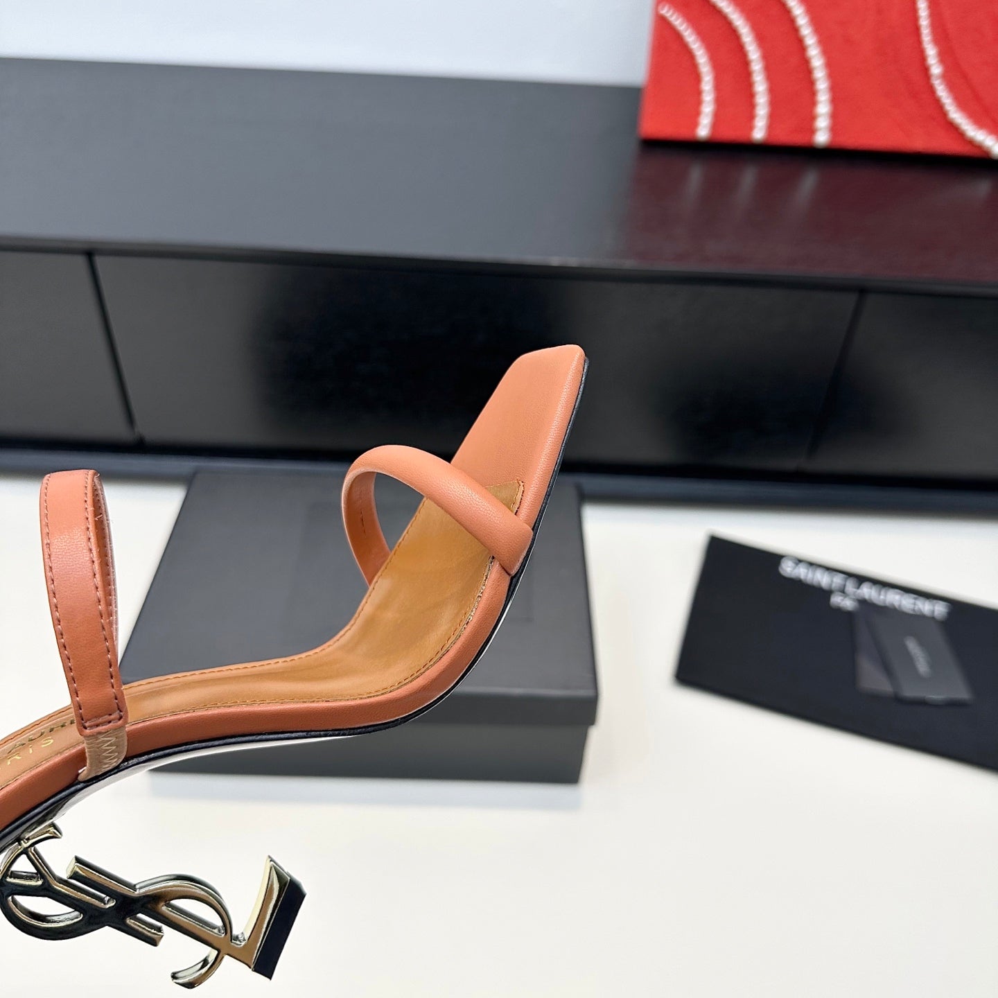 YSL 26S DOUBLE-STRAP HEELED SANDALS 100 MM IN LIGHT BROWN CALFSKIN
