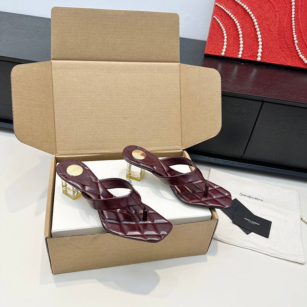 YSL 26S QUILTED THONG SANDALS 50 MM IN WINE RED LAMBSKIN