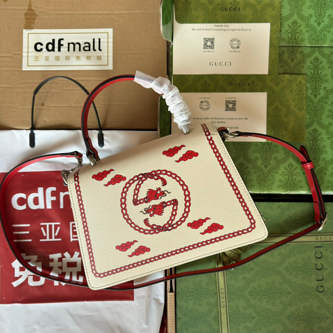 DYONYSUS SMALL TOP HANDLE BAG 24 IN BEIGE MIX RED CALFSKIN DRAGON PRINT