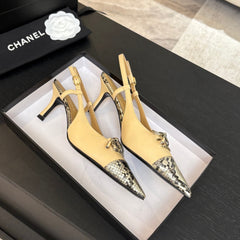 HIGH HEEL SLINGBACKS 65 MM IN FLAX YELLOW WITH SNAKESKIN PATTERN LAMBSKIN