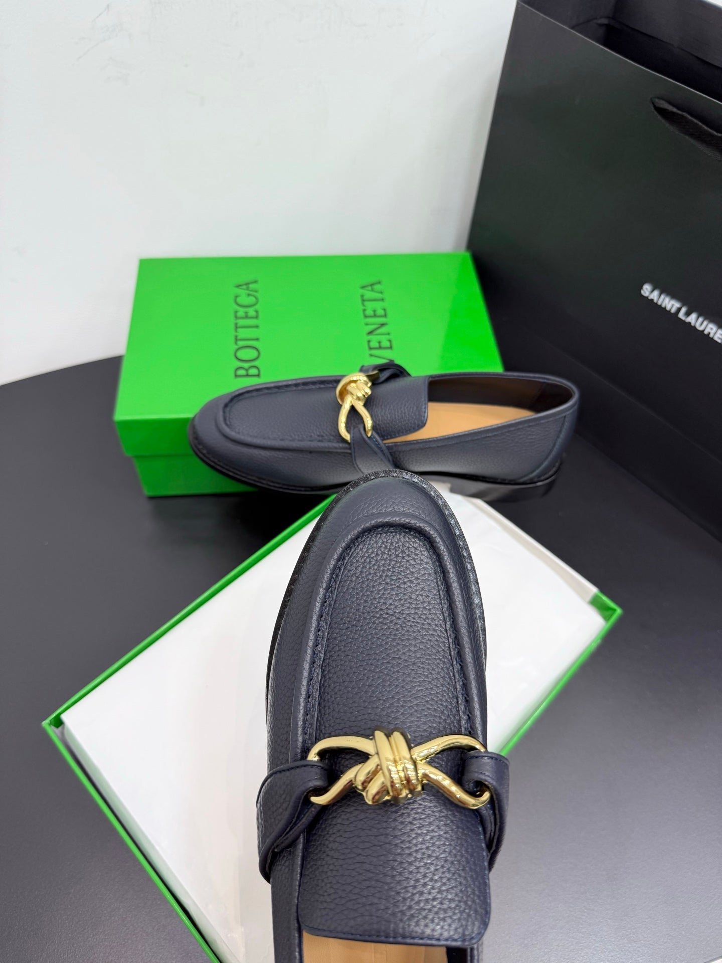 BOTTEGA VENETA 26S LOAFERS IN BLUE GRAY GRAINED CALFSKIN WITH GOLD HARDWARE