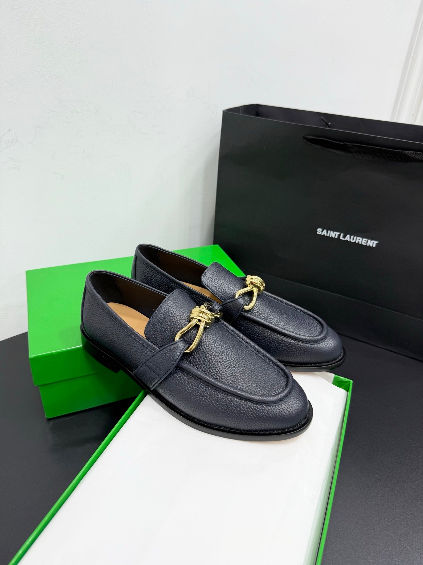 BOTTEGA VENETA 26S LOAFERS IN BLUE GRAY GRAINED CALFSKIN WITH GOLD HARDWARE