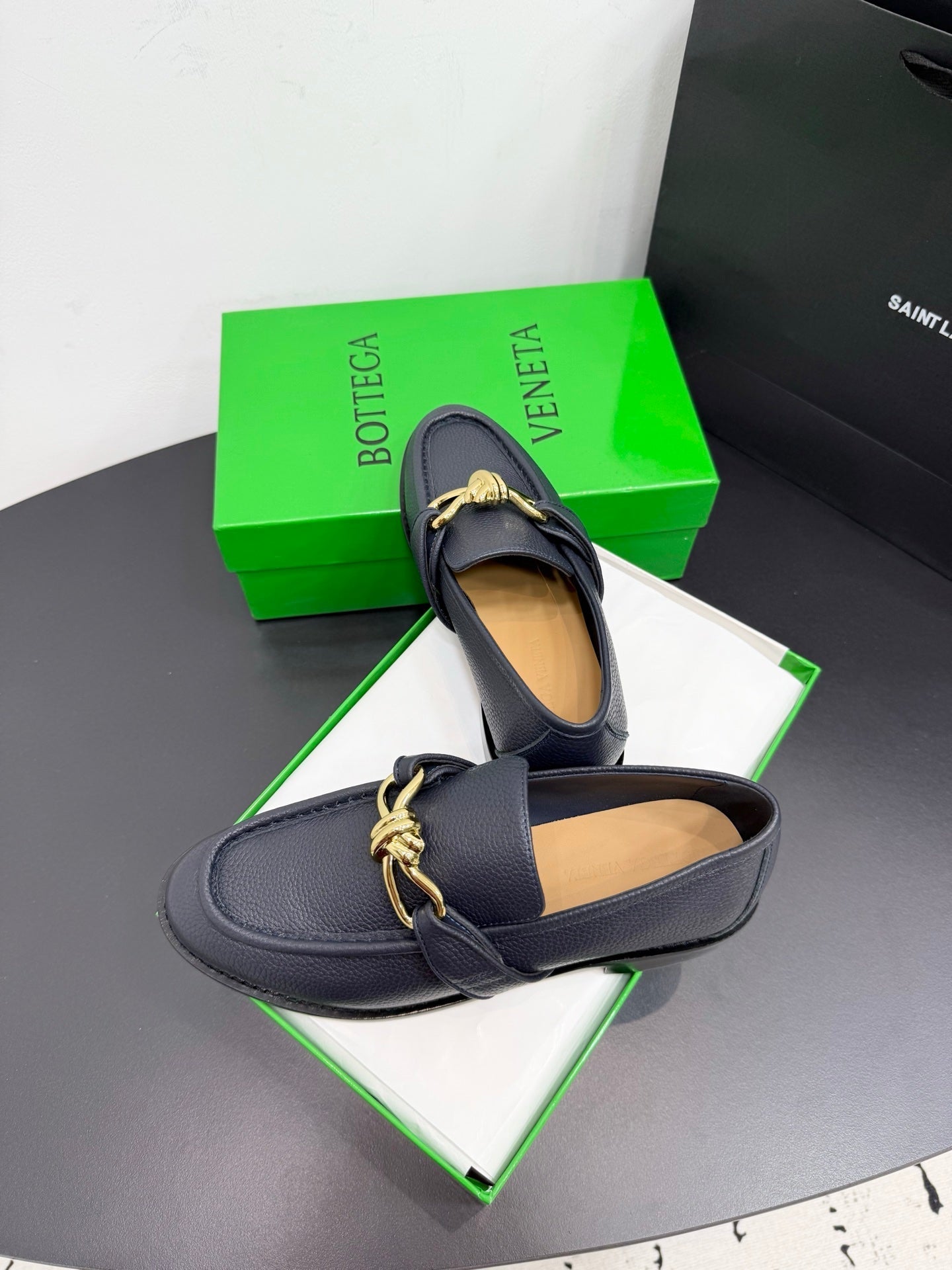 BOTTEGA VENETA 26S LOAFERS IN BLUE GRAY GRAINED CALFSKIN WITH GOLD HARDWARE