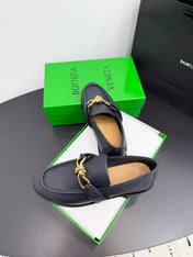 BOTTEGA VENETA 26S LOAFERS IN BLUE GRAY GRAINED CALFSKIN WITH GOLD HARDWARE