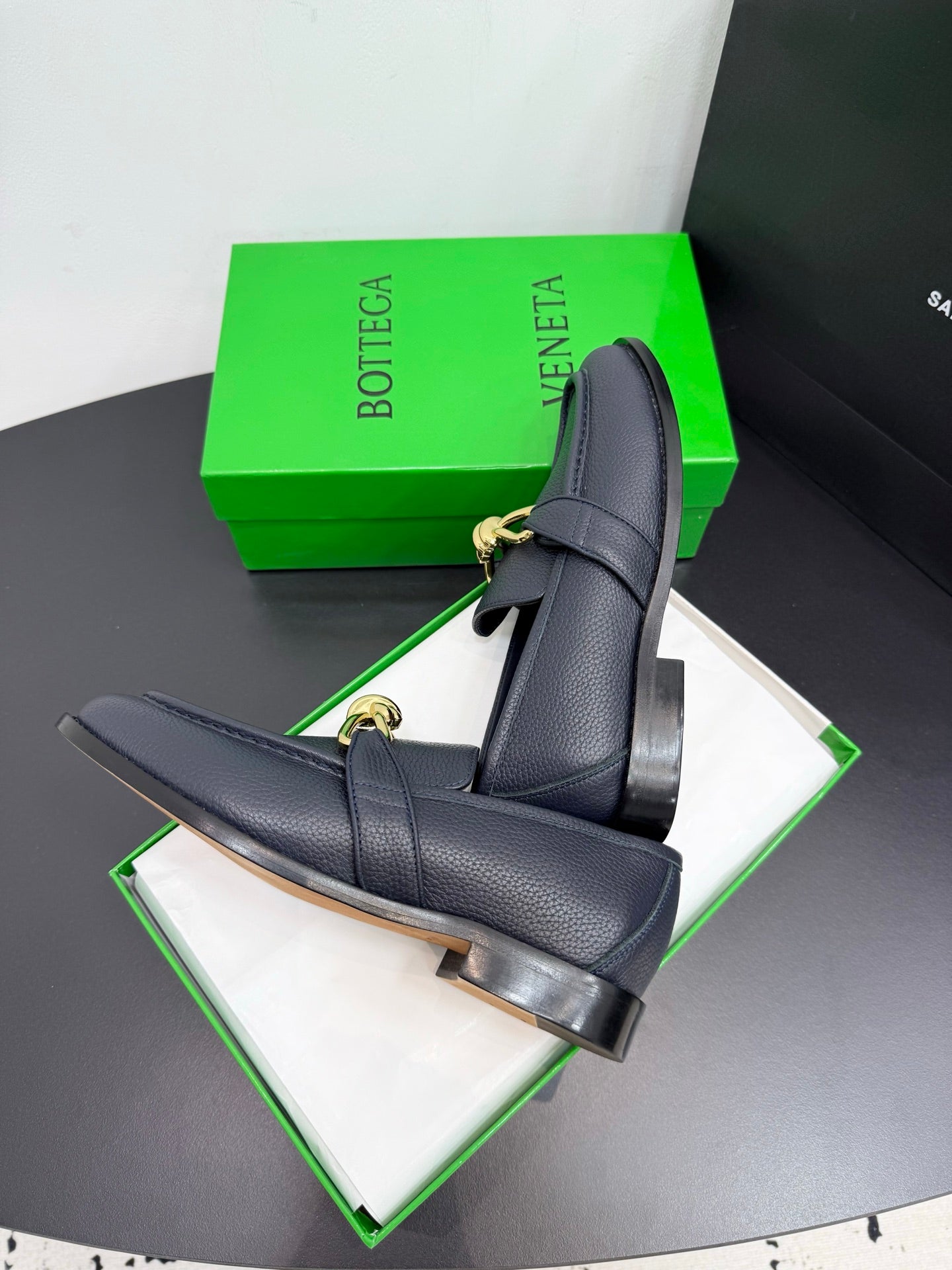 BOTTEGA VENETA 26S LOAFERS IN BLUE GRAY GRAINED CALFSKIN WITH GOLD HARDWARE