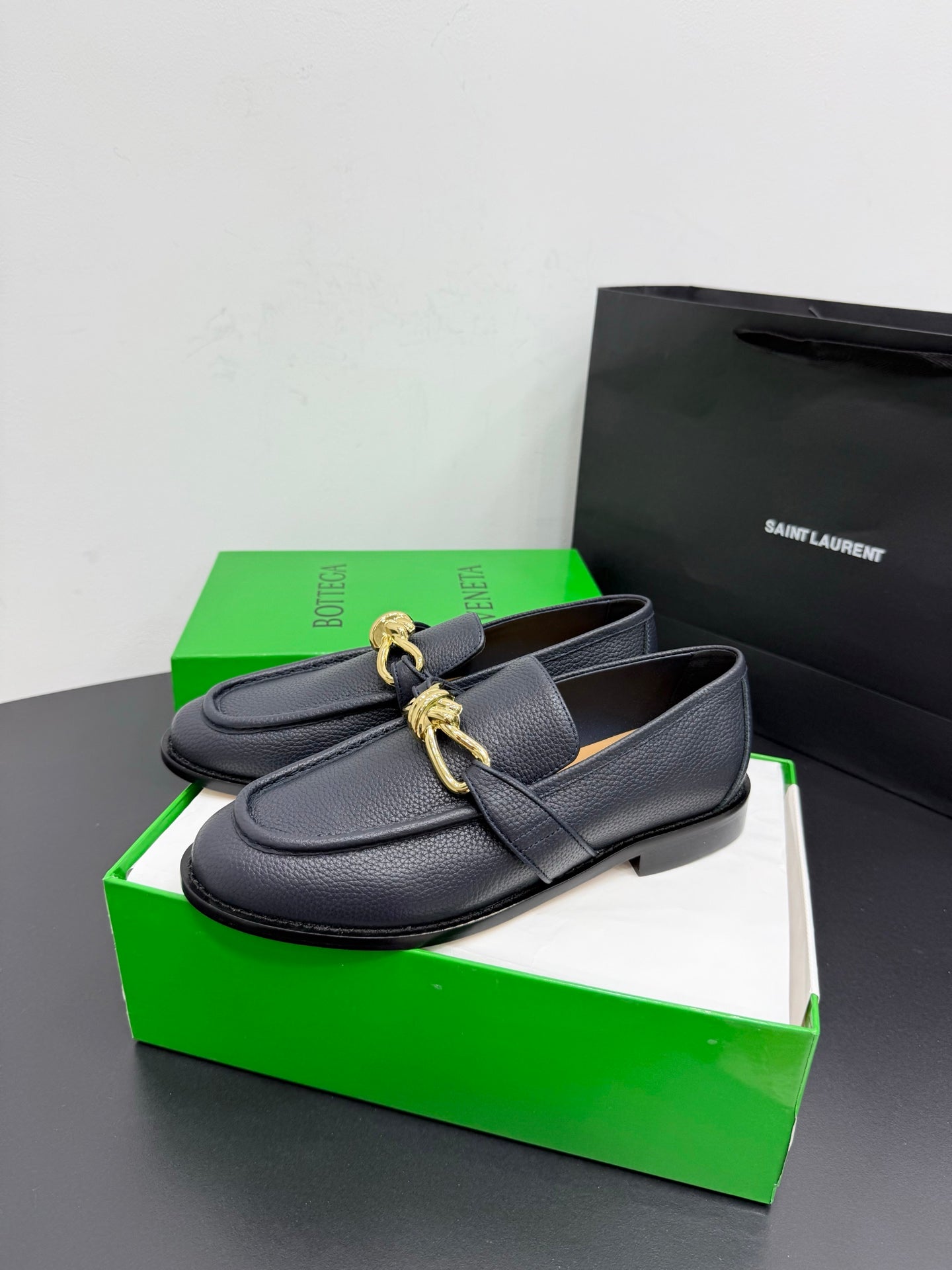 BOTTEGA VENETA 26S LOAFERS IN BLUE GRAY GRAINED CALFSKIN WITH GOLD HARDWARE