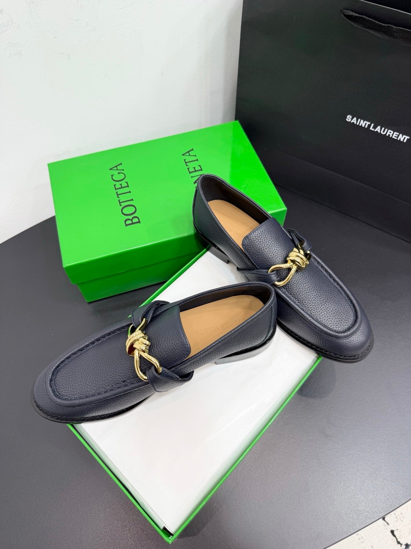 BOTTEGA VENETA 26S LOAFERS IN BLUE GRAY GRAINED CALFSKIN WITH GOLD HARDWARE