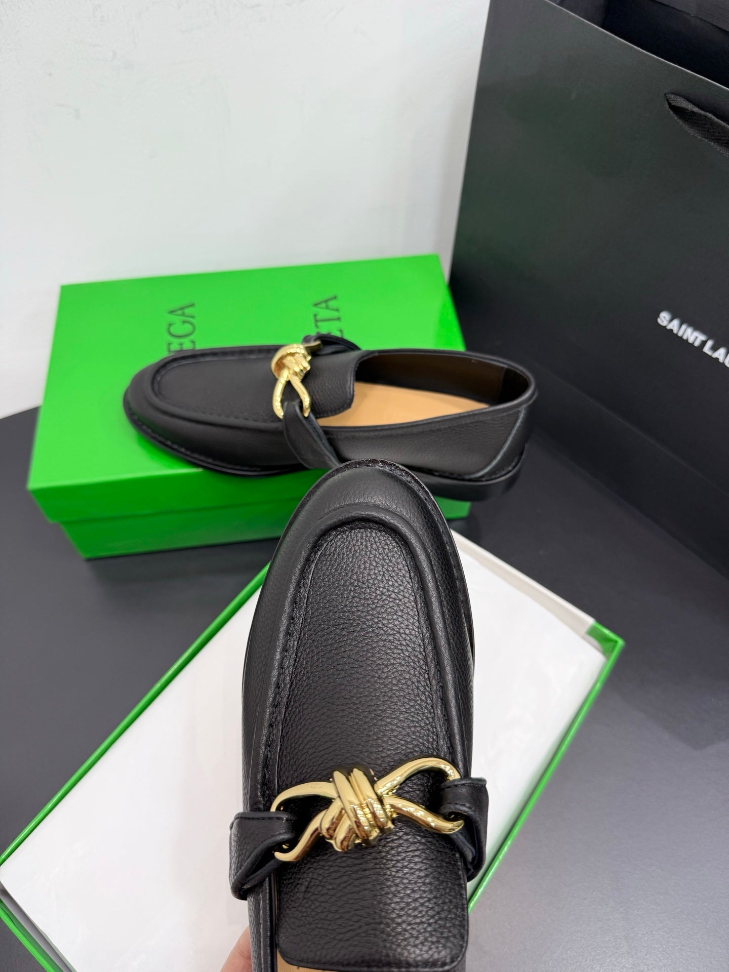 BOTTEGA VENETA 26S LOAFERS IN BLACK GRAINED CALFSKIN WITH GOLD HARDWARE