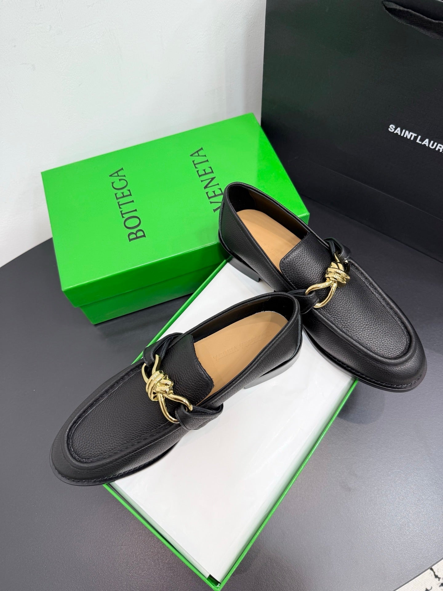 BOTTEGA VENETA 26S LOAFERS IN BLACK GRAINED CALFSKIN WITH GOLD HARDWARE