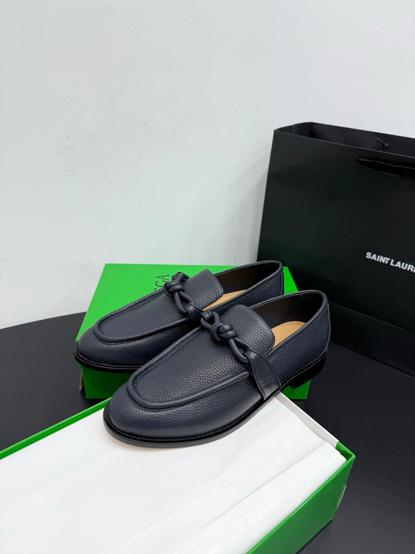 BOTTEGA VENETA 26S LOAFERS IN BLUE GRAY GRAINED CALFSKIN