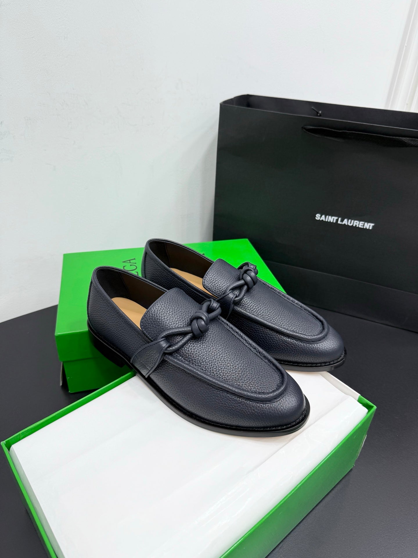 BOTTEGA VENETA 26S LOAFERS IN BLUE GRAY GRAINED CALFSKIN