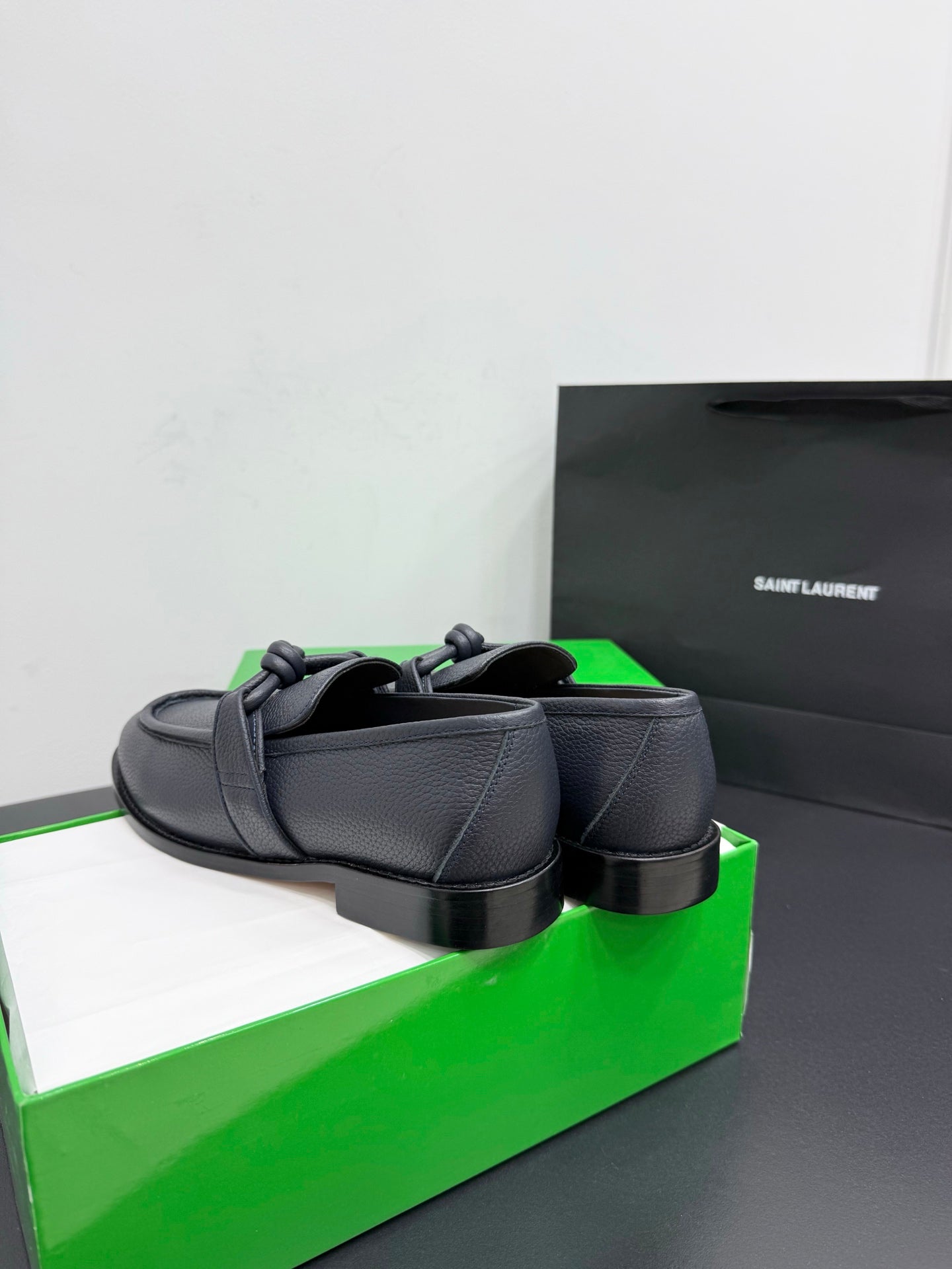 BOTTEGA VENETA 26S LOAFERS IN BLUE GRAY GRAINED CALFSKIN