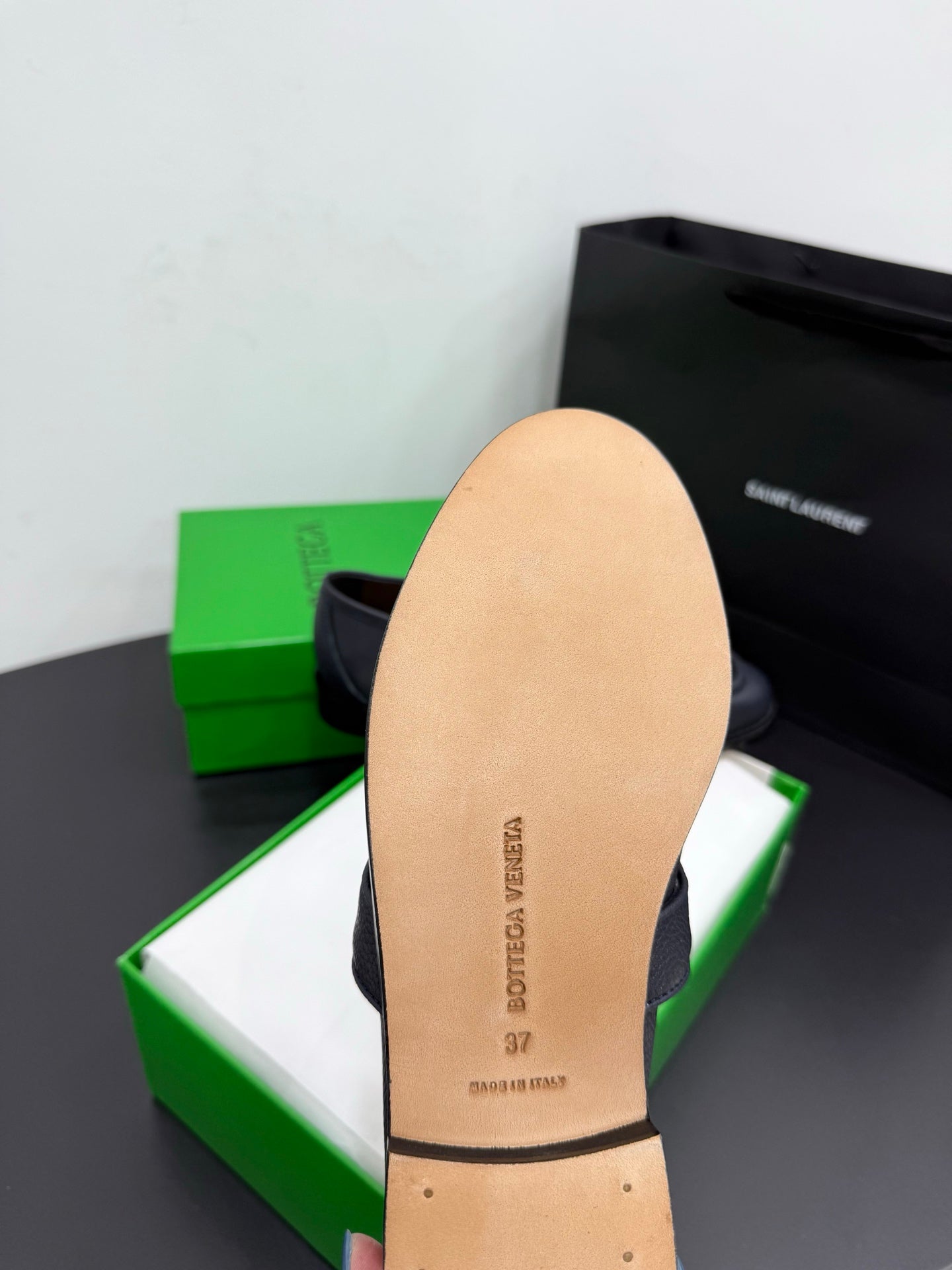 BOTTEGA VENETA 26S LOAFERS IN BLUE GRAY GRAINED CALFSKIN WITH GOLD HARDWARE