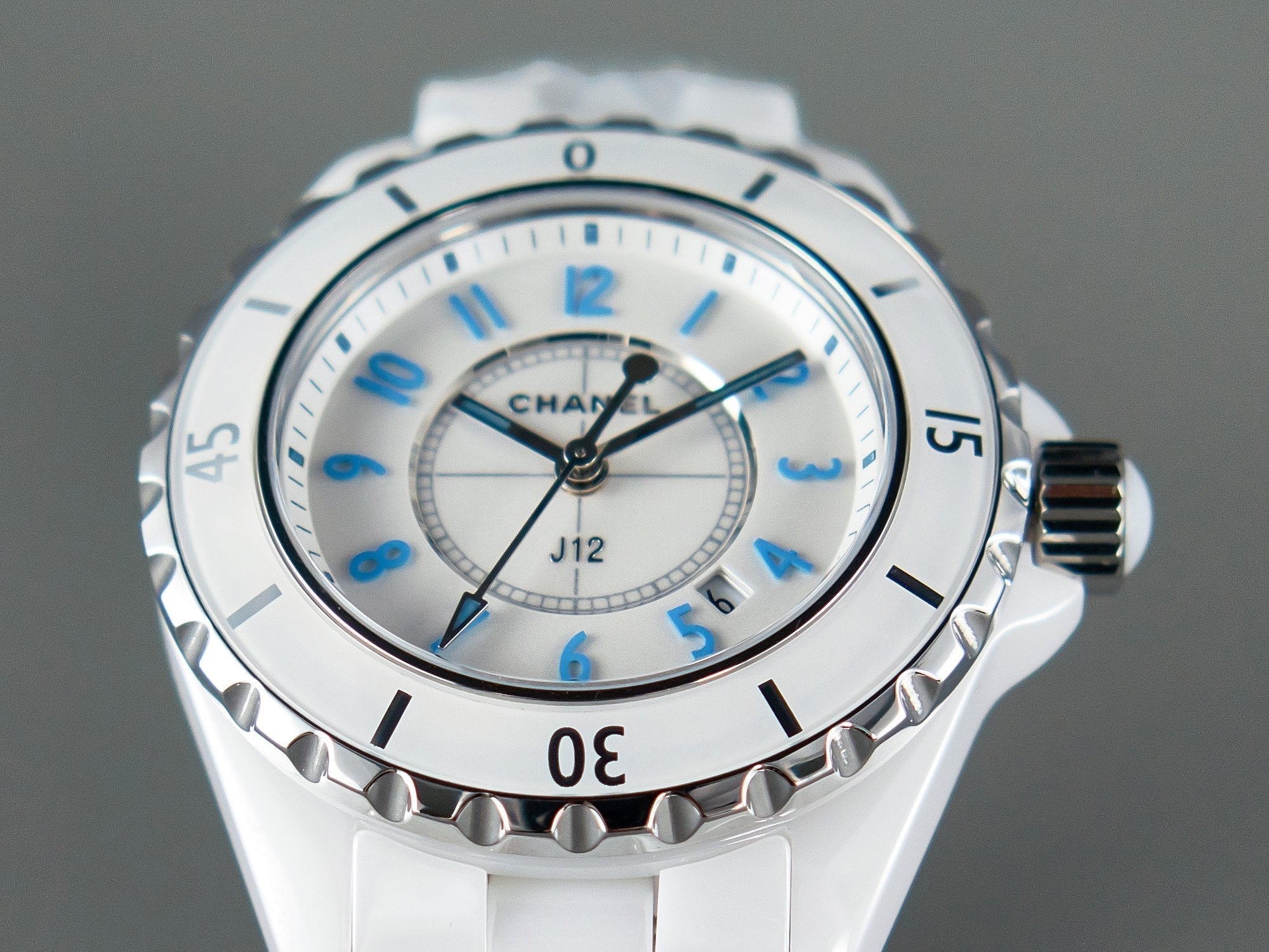 J12 Date Quartz White Ceramic Blue Numerals White Dial