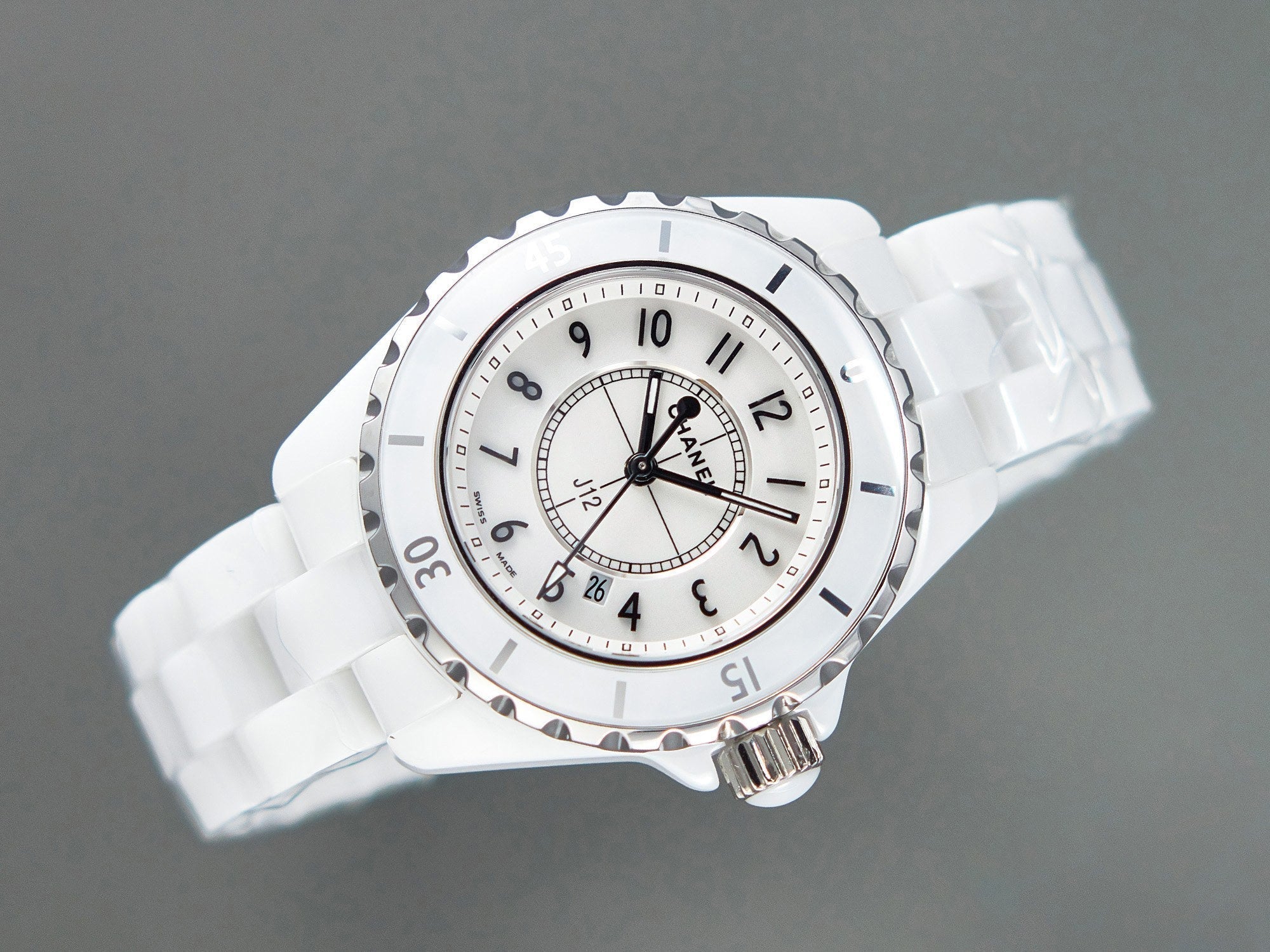 J12 Date Quartz White Ceramic Black Numerals White Dial