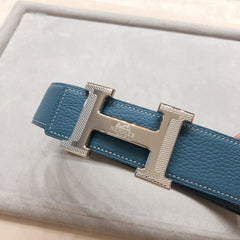 HM H D'ANCRE BELT BUCKLE & REVERSIBLE BLUE GREEN LEATHER STRAP 38 MM SILVER HARDWARE