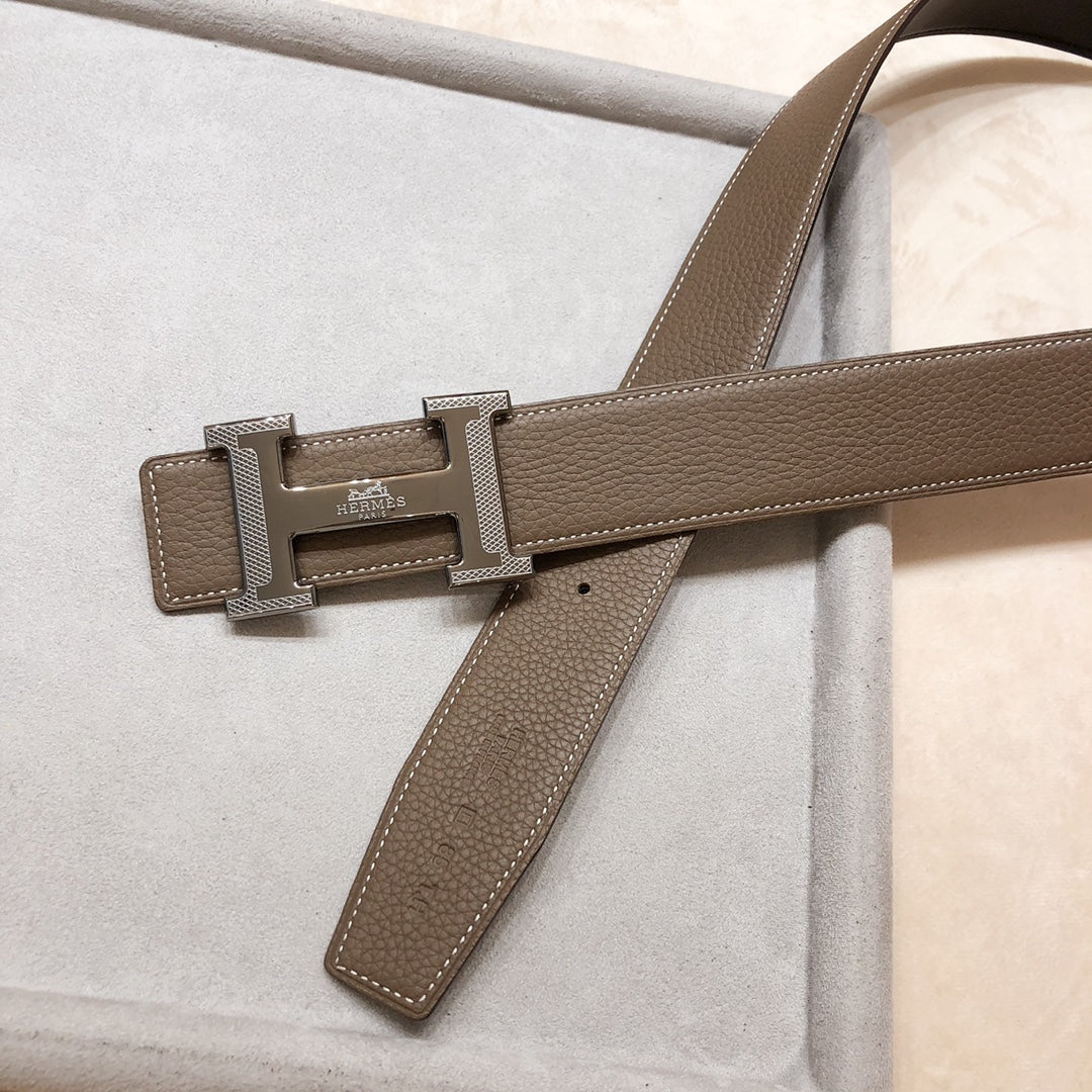 HM H D'ANCRE BELT BUCKLE & REVERSIBLE COFFEE BROWN LEATHER STRAP 38 MM SILVER HARDWARE