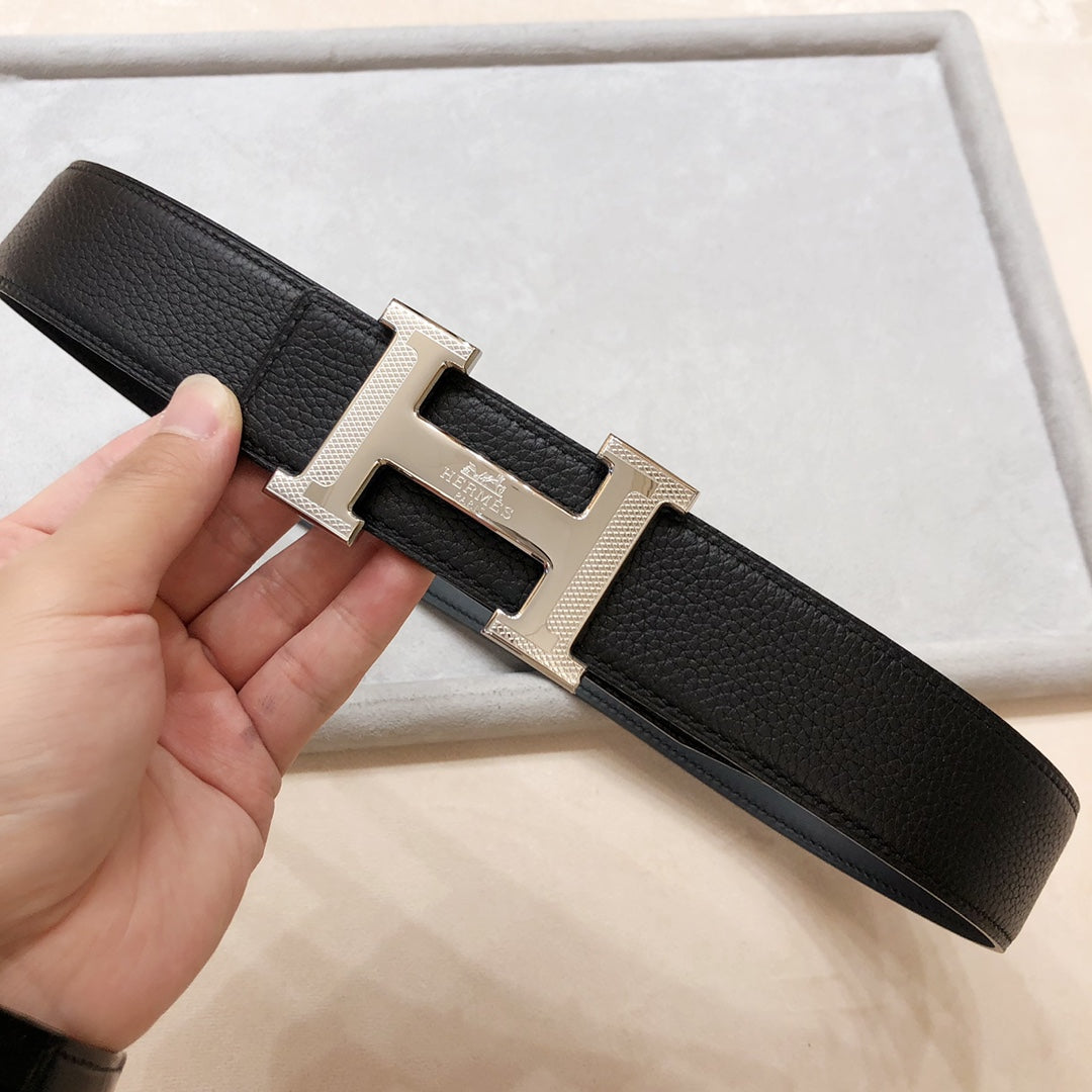 HM H D'ANCRE BELT BUCKLE & REVERSIBLE BLACK LEATHER STRAP 38 MM SILVER HARDWARE