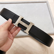 HM H D'ANCRE BELT BUCKLE & REVERSIBLE BLACK LEATHER STRAP 38 MM SILVER HARDWARE