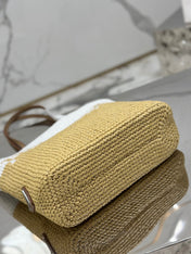 SMALL TOTE BAG 27 IN WHITE MIX BEIGE RAFFIA AND BROWN CALFSKIN HANDLE