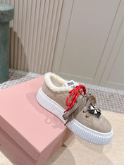 MIUMIU 25S SNEAKERS 50MM IN DARK BEIGE SUEDE WITH SHEARLING