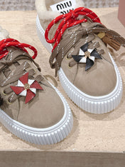 MIUMIU 25S SNEAKERS 50MM IN DARK BEIGE SUEDE WITH SHEARLING