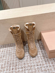 MIUMIU 25S ANKLE BOOTS IN LIGHT BROWN SUEDE WITH SHEARLING