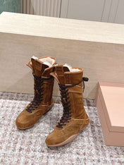 MIUMIU 25S ANKLE BOOTS IN CARAMEL BROWN SUEDE WITH SHEARLING