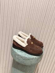 MIUMIU 25S PENNY LOAFERS 20MM IN DARK BROWN SUEDE WITH SHEARLING