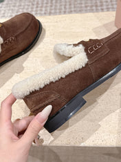 MIUMIU 25S PENNY LOAFERS 20MM IN DARK BROWN SUEDE WITH SHEARLING