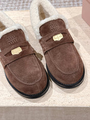 MIUMIU 25S PENNY LOAFERS 20MM IN DARK BROWN SUEDE WITH SHEARLING