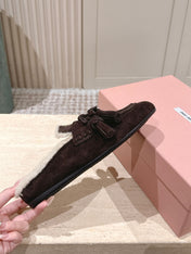 MIUMIU 25S MULES IN DARK BROWN SUEDE WITH SHEARLING