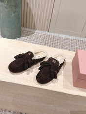 MIUMIU 25S MULES IN DARK BROWN SUEDE WITH SHEARLING