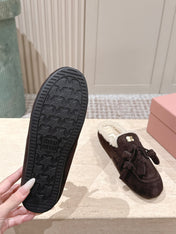 MIUMIU 25S MULES IN DARK BROWN SUEDE WITH SHEARLING