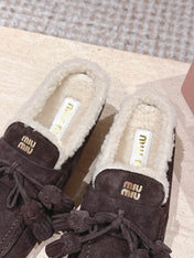 MIUMIU 25S MULES IN DARK BROWN SUEDE WITH SHEARLING