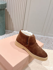 MIUMIU 25S SLIP-ON BOOTIES IN DARK BROWN SUEDE WITH FAUX SHEARLING