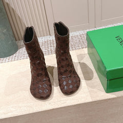 BOTTEGA VENETA 26S INTRECCIATO BOOTS 85 MM IN DARK BROWN SUEDE AND LAMBSKIN