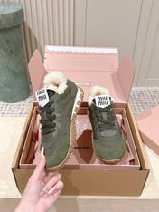 MIUMIU 25S SNEAKERS IN LODEN GREEN TYRE TECHNICAL FABRIC AND SUEDE SHEARLING