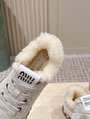 MIUMIU 25S SNEAKERS IN IVORY TYRE TECHNICAL FABRIC AND SUEDE SHEARLING