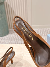 PRADA 26S POINTED-TOE SLINGBACK HEELS 75MM IN CARAMEL BROWN SUEDE WITH LOGO