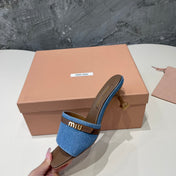 CARAMEL HIGH HEEL WITH BLUE STRAPS AND CARAMEL BELT