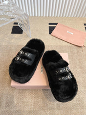 MULES IN BLACK RABBIT FUR SILVER HARDWARE