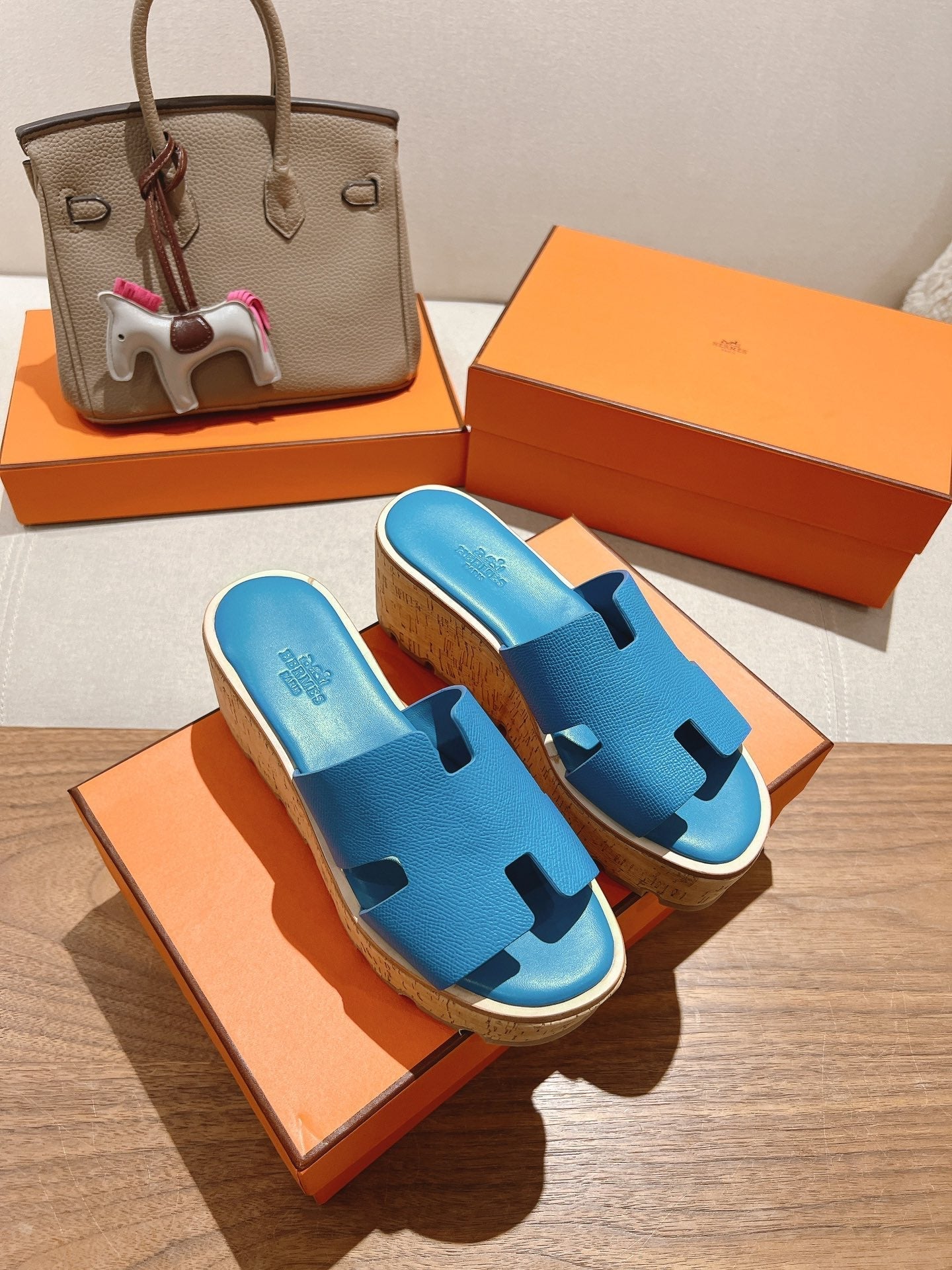 HM 25S HIGH WEDGE SANDALS IN BLUE LAMBSKIN STYLE 12