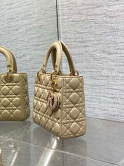 DIOR 25S LADY DIOR BAG 20 IN SAND BEIGE CALFSKIN CHARM PEARL EMBELLISHMENTS