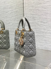DIOR 25S LADY DIOR BAG 20 IN DARK GRAY CALFSKIN CHARM PEARL EMBELLISHMENTS