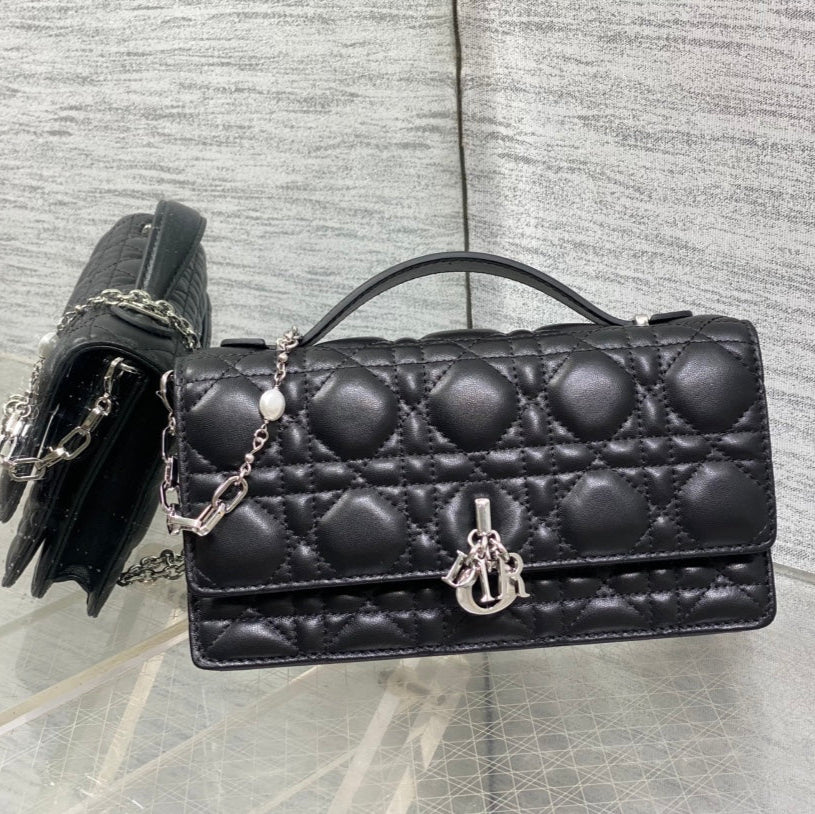 DIOR 25S DIOR TALK PHONE POUCH 21 IN BLACK CANNAGE LAMBSKIN SILVER HARDWRE